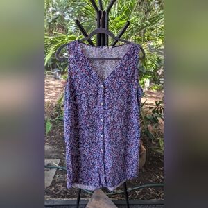 Floral Button-Down Sleeveless Tunic Top 100% Cotton